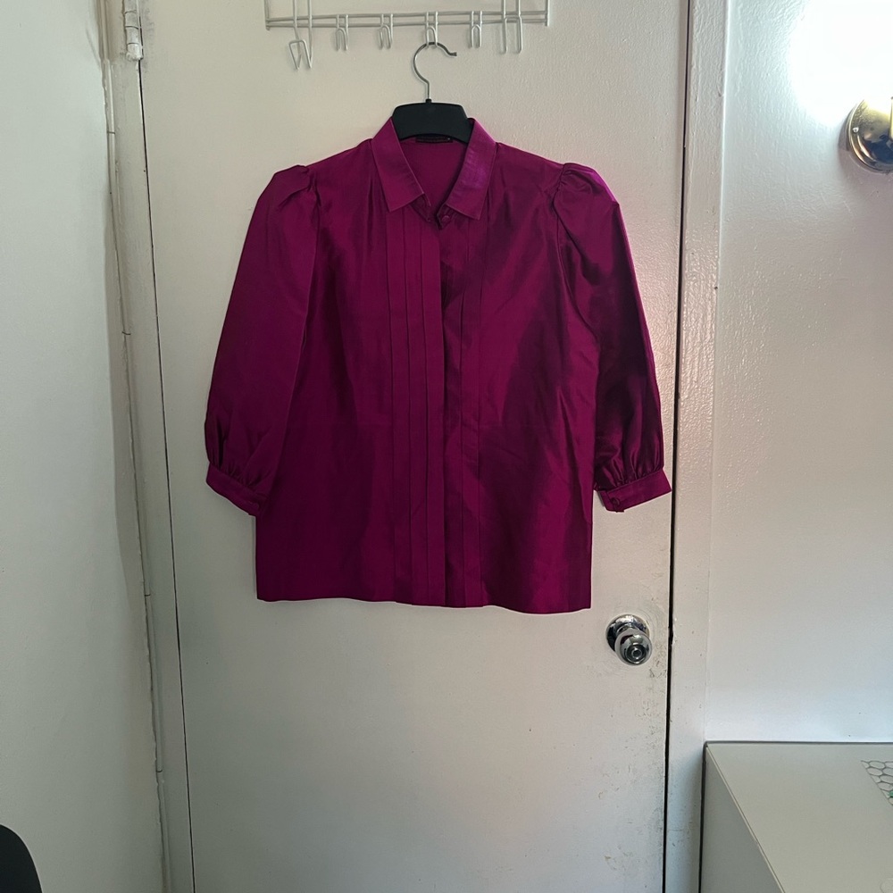 Women's Magenta Thai Silk Button-Up Blouse - Picture 2 of 9